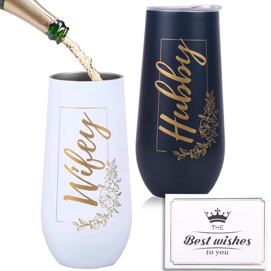 merrisport Wedding Gifts for Couples 2025,Hubby and Wifey Champagne Flutes with Best Wishes Card, Insulated Stainless Steel Tumblers with Lids, Bride and Groom Gift Box, Mr and Mrs Gift,12oz