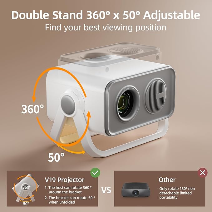 BKZ 2025 upgraded 360°Adjustable Dual Stand AI Auto Keystone Electric Focus Mini Portable Projector with Bluetooth 5.4, 1080P support Outdoor movie Projector compatible with HDMI/USB/Phone (Gray)