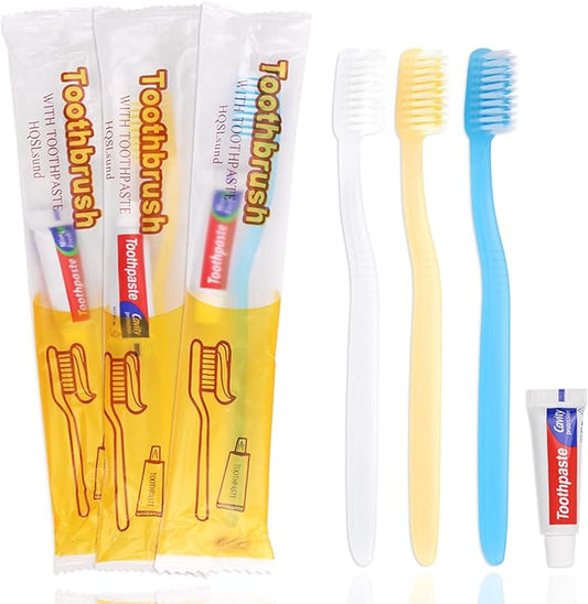 60 Pack Disposable Toothbrushes with Toothpaste Set,Individually Wrapped Disposable Toothbrushes Bulk,Manual Travel Toothbrush Set for Travel Hotel Guest, 3 Colors