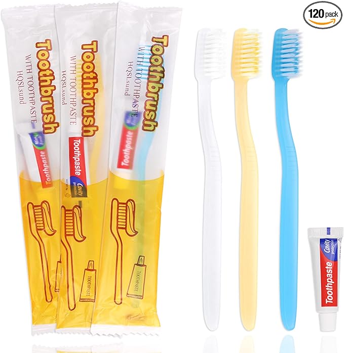 120 pcs Disposable Toothbrushes with Toothpaste Individually Wrapped, Toothbrush with Paste Bulk Manual Disposable Travel Toothbrush Kit for Hotel Guest, 3 Colors