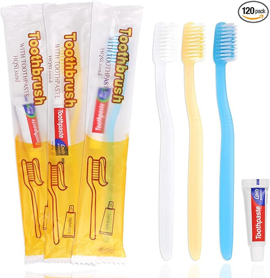 120 pcs Disposable Toothbrushes with Toothpaste Individually Wrapped, Toothbrush with Paste Bulk Manual Disposable Travel Toothbrush Kit for Hotel Guest, 3 Colors