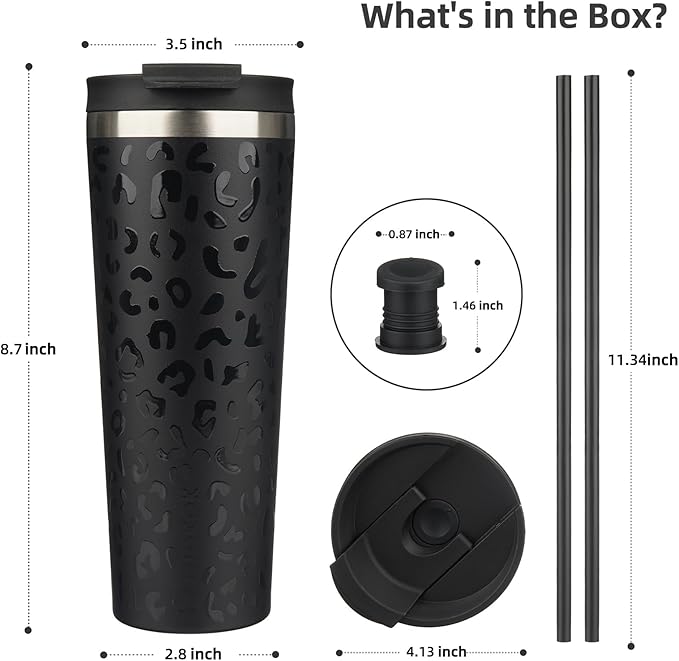 BJPKPK 26oz Insulated Tumbler With lid And Straw Stainless Steel Tumblers Travel Coffee Mug Reusable Thermal Cup,Black Leopard