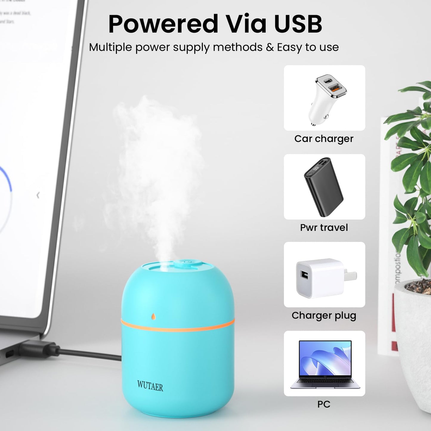 Portable Small Humidifier, WUTAER USB Personal Desktop Humidifier for Car, Office Room, Bedroom, Auto Shut-Off, 2 Mist Modes, Super Quiet(220ml, Green)