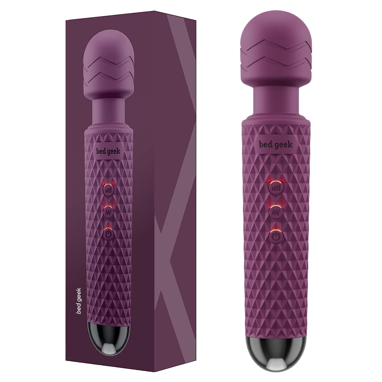 bed geek Handheld Cordless Personal Wand Massager – Waterproof, USB Rechargeable, 20 Vibration Patterns, 8 Speeds, Memory Feature, Skin-Soft Silicone for Ultimate Relaxation Tool (Purple)