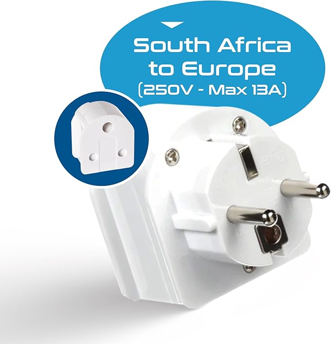 Ceptics SA-EU South Africa to Europe Schuko Grounded Plug Adapter (250V - Max 13A)