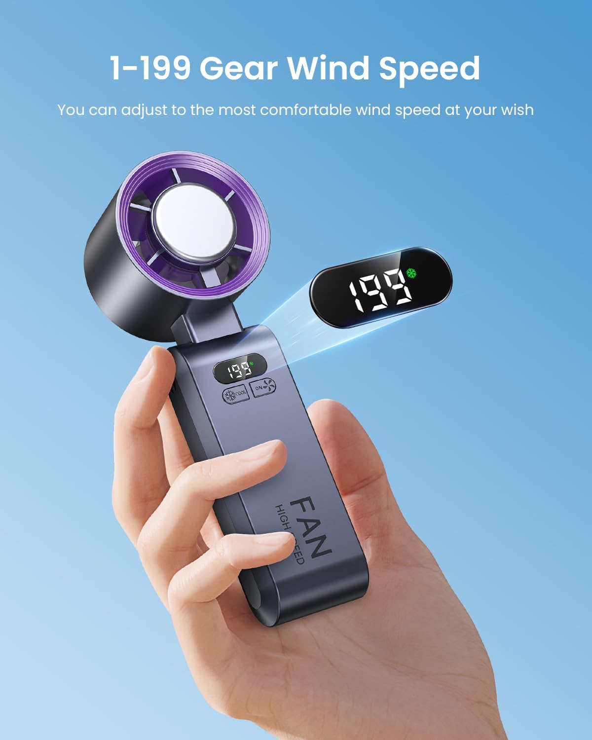 Handheld Portable Turbo Fan with Ice Cooler, Speed (1-199) 5500mAh Rechargeable Personal Fan,[20H Cooling Time] Mini Yet Powerful [20000 RPM] Small Pocket Fans for Travel/Outdoor/Home/Office, Purple