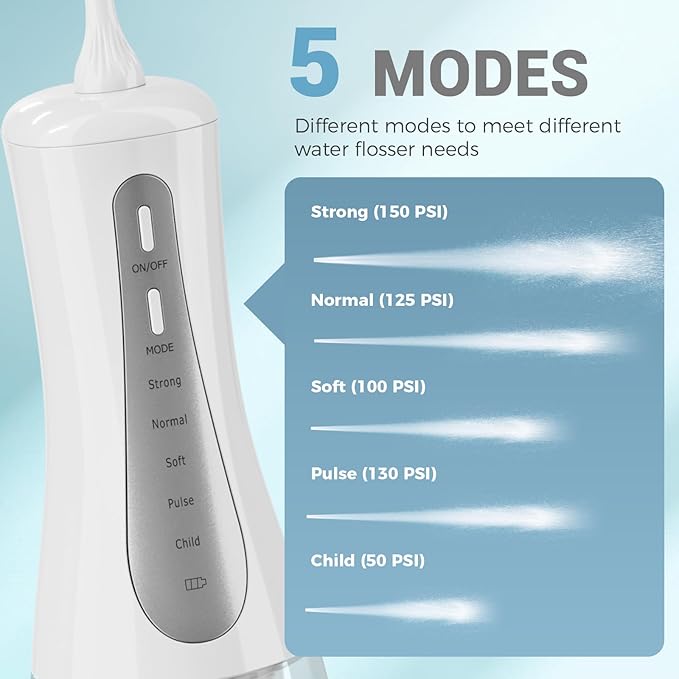 350ML Water Dental Flosser Teeth Pick with Travel Bag, 5 Modes Portable Cordless Oral Irrigator Cleaner, Electric Rechargeable IPX7 Waterproof for Home Travel Teeth Cleaning flossing (White)