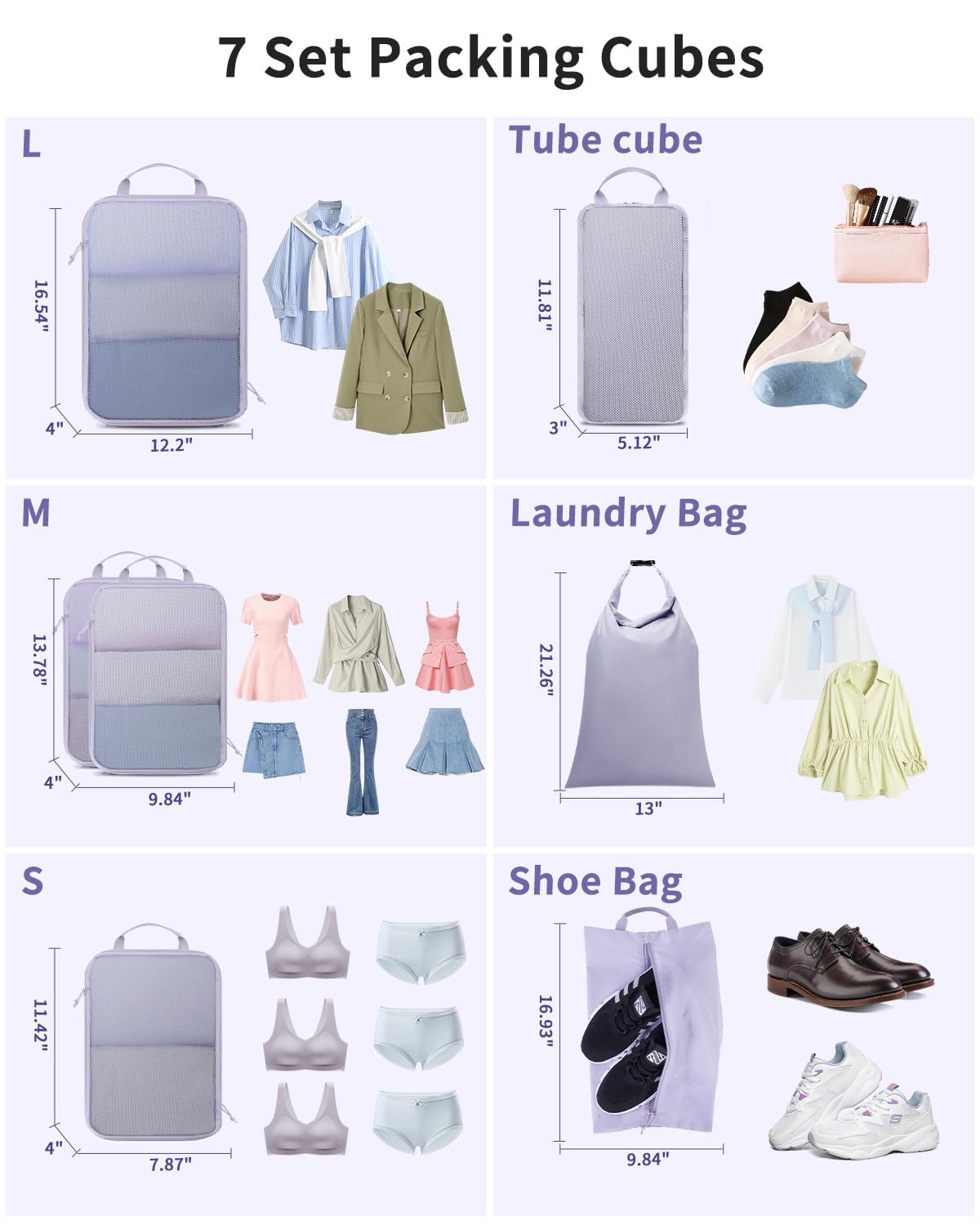 Ceneda 7 Set Compression Packing Cubes for Travel, Expandable Luggage Organizer with Shoe & Laundry Bags, Lightweight Suitcase Packing Cubes for Women & Family, Carry-On, Cruise, Vacation(Purple)