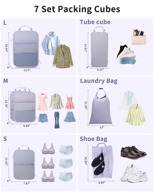 Ceneda 7 Set Compression Packing Cubes for Travel, Expandable Luggage Organizer with Shoe & Laundry Bags, Lightweight Suitcase Packing Cubes for Women & Family, Carry-On, Cruise, Vacation(Purple)