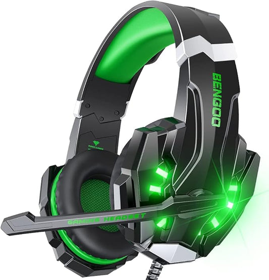 BENGOO G9000 Stereo Gaming Headset for PS4 PC Xbox One PS5 Controller, Noise Cancelling Over Ear Headphones with Mic, LED Light, Bass Surround, Soft Memory Earmuffs for Laptop Mac - Green