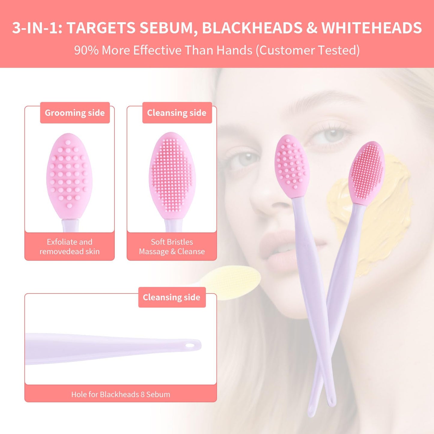 3 Pcs Lip Scrub Brush with Silicone Facial Cleansing Brush,2 Pcs Face Scrubber Gentle Exfoliating,Removing Blackhead,Massaging