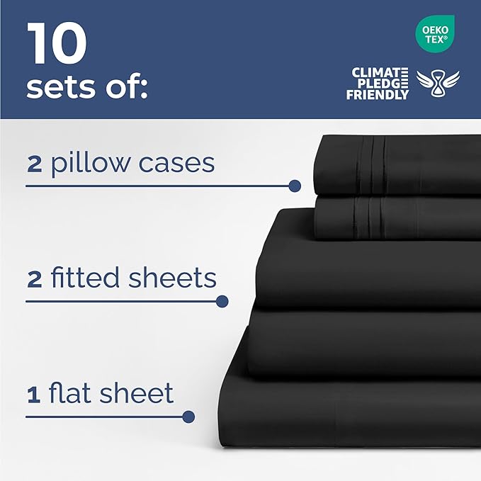 Bulk Case Pack of 10 Sheet Sets - (10) Complete Split King Size Sheet Sets w/ Deep Pockets - Wholesale Bulk Bedding for Hotels, Spas & Airbnbs - Soft, Breathable and Wrinkle Free - (Split King, Black)