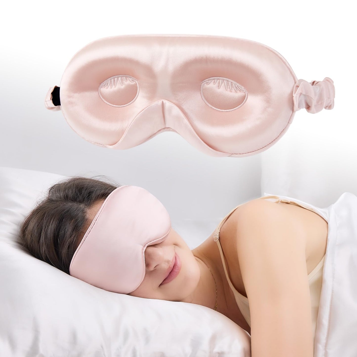 SGMSILK 100% 22 Momme Mulberry Silk Sleep Mask with Adjustable Strap, 3D Contoured Cup Silk Eye Mask for Sleeping, Total Black Out, Pink