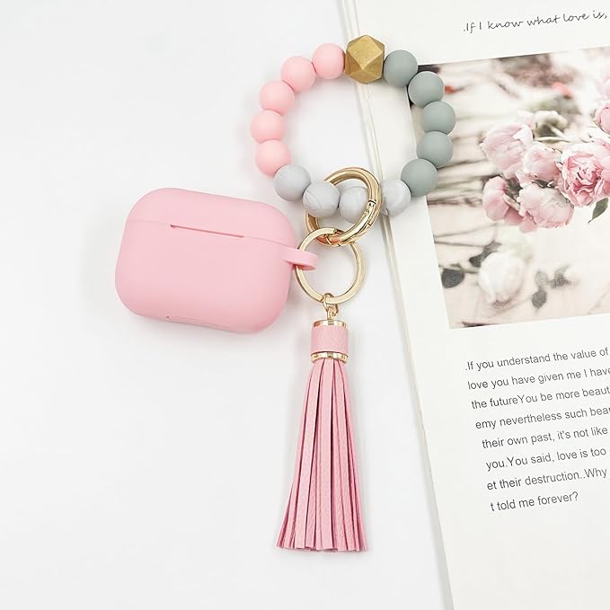 Compatible with Airpods Pro Soft Silicone Case Cover with Bracelet Keychain for Apple Airpod Pro 1st Generation Case for Women (Pink)