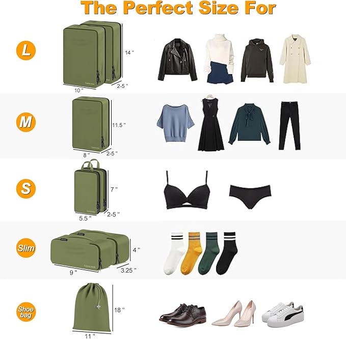 8 Set Compression Packing Cubes for Travel, Waterproof Luggage Organizers, Suitcase Organizer Set for Carry-On & Checked Baggage, Travel Accessories for Men & Women