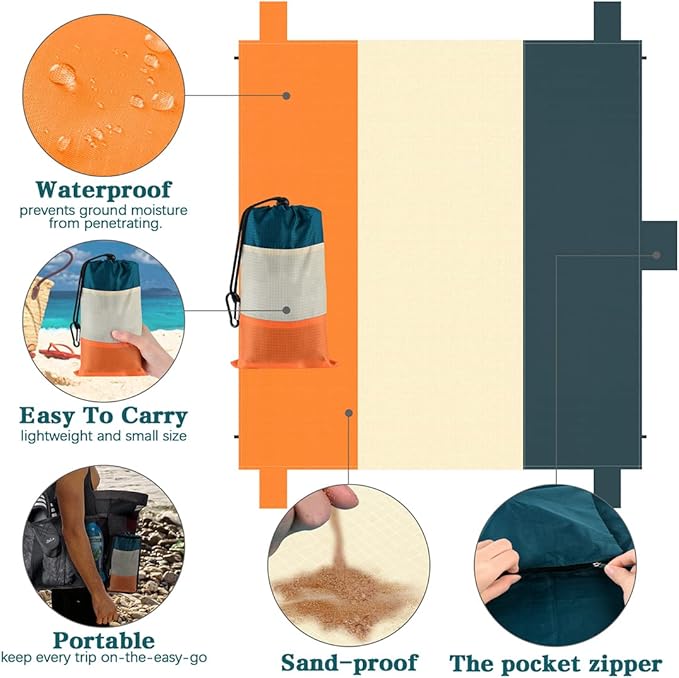 Beach Blanket Sand Proof, 78"x82“ Extra Large Sand Free Beach Mat for 4-6 Adults, Lightweight Waterproof Outdoor Blanket for Beach, Picnic, Camping, Travel