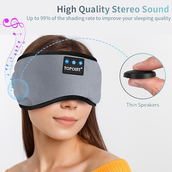 TOPOINT Sleep Mask with Headphones Bluetooth 5.4 Wireless, Sleep Headphones Earphones Earbuds with Microphone HD Speakers Music, Blackout Eye Mask for Sleeping Travel Meditation Men Women Cool Gadgets