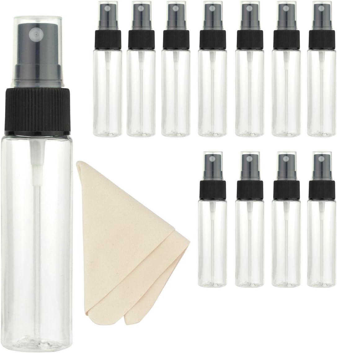 Jmkcoz Spray Bottles, 12 Pack 30ml 1oz Clear Empty Fine Mist Plastic Mini Travel Bottle Set Portable Refillable Liquid Containers for Cleaning, Travel£¬1 Pieces Microfiber Cleaning Cloth