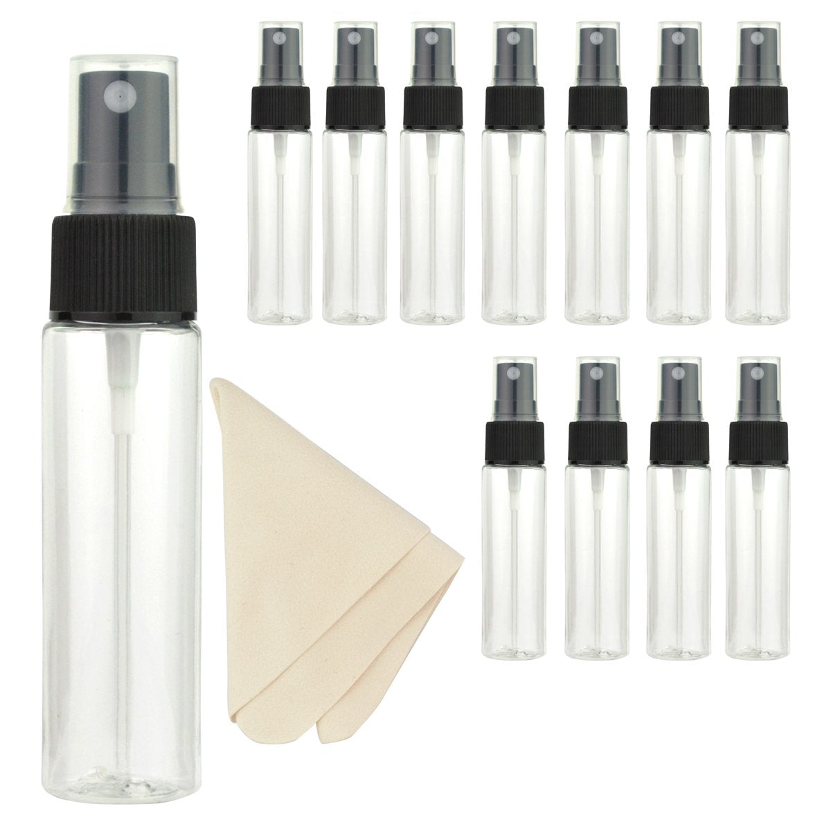 Jmkcoz Spray Bottles, 12 Pack 30ml 1oz Clear Empty Fine Mist Plastic Mini Travel Bottle Set Portable Refillable Liquid Containers for Cleaning, Travel£¬1 Pieces Microfiber Cleaning Cloth