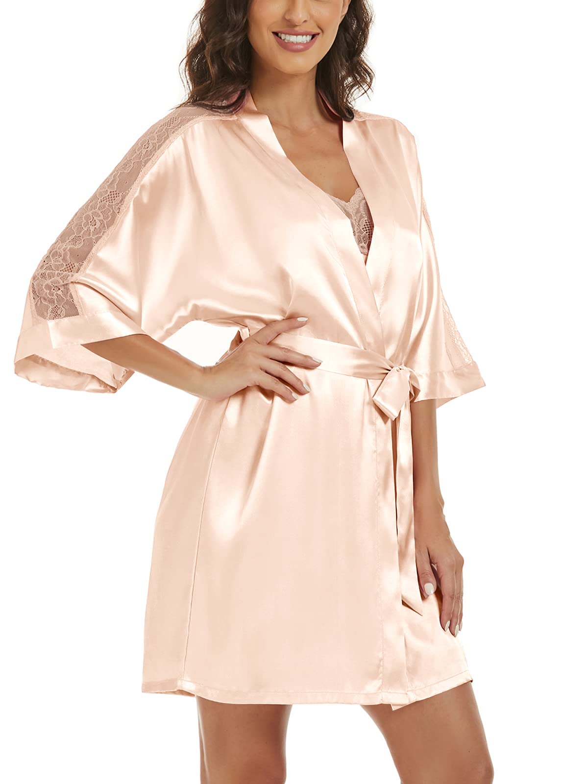Women's Silk Pajama Sets Satin Robe with Nightgown 2 Piece Sleepwear Sexy Lace Cami Nightwear Kimono Bridesmaid Robes Champagne L