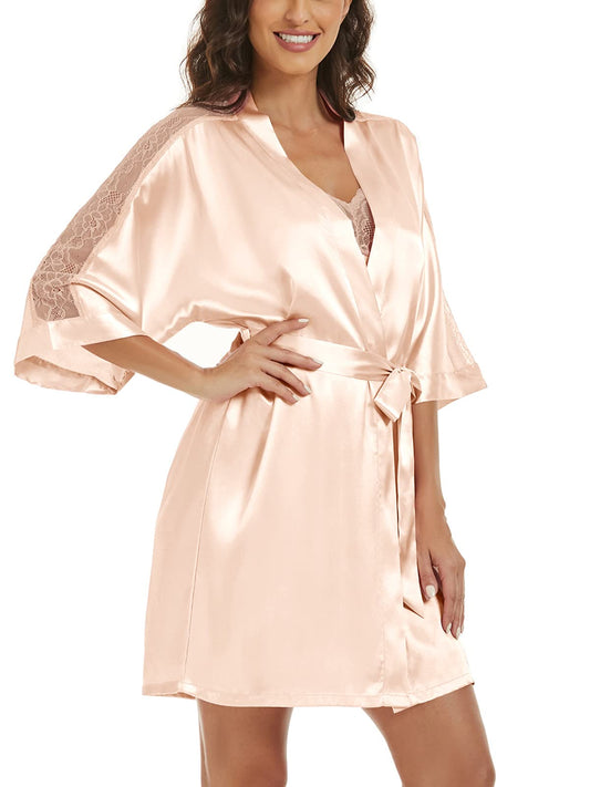 Women's Silk Pajama Sets Satin Robe with Nightgown 2 Piece Sleepwear Sexy Lace Cami Nightwear Kimono Bridesmaid Robes Champagne L