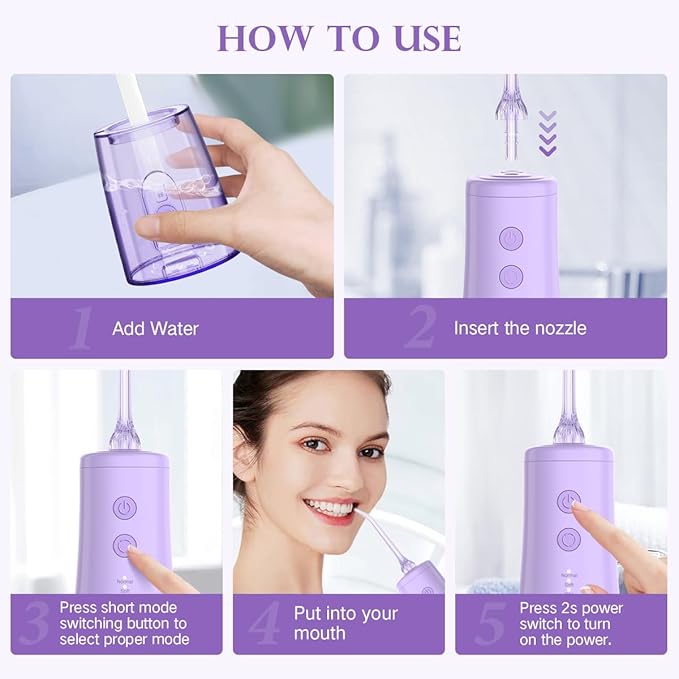 350mL/12oz Water Flosser with 3 Modes 6 Jet Tips,Dental Oral Irrigator USB Rechargeable Cordless Water Dental Picks for Teeth Cleaning,IPX7 Waterproof,for Home and Travel for Oral Care(Purple)