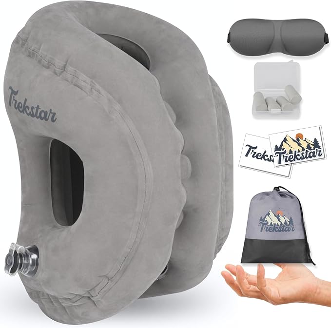 Trekstar Inflatable Travel Neck Pillow in Drawstring Bag | Ergonomic Design | Supports Head, Back, and Neck Pain | Sleeping Cushion in Airplane/Buses/Office/Cars/Trains with Eye Mask, Earplugs