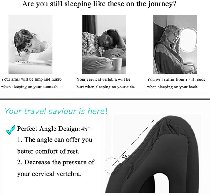 Inflatable Travel Pillow, Airplane Neck Pillow for Sleeping, Supports Head and Chin for Airplanes,Trains,Cars and Office Napping with 3D Eye Mask and Earplugs and Portable Drawstring Bag