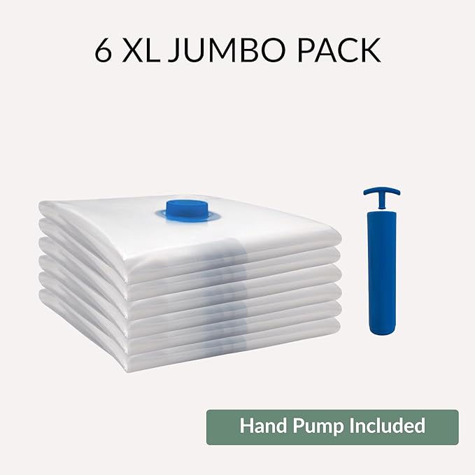 6 XL Jumbo Vacuum Storage Bags with Pump, Extra Large Compression Space Saver for Comforter, Duvet, Blanket, Bedding Storage, Vacuum Seal Bags for Clothing, Luggage Closet Organizer