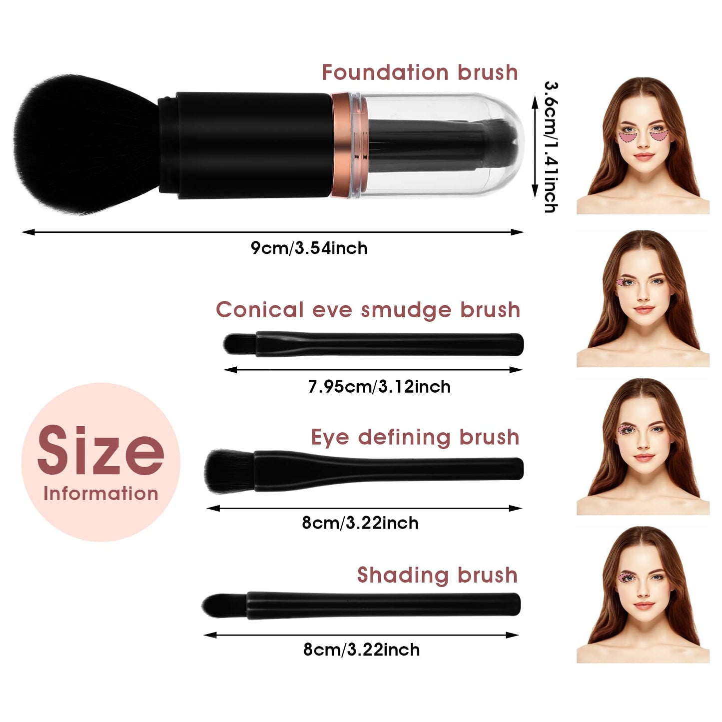 Molain Mini Makeup Brush Set - 4 in 1 Portable Travel Lip, Highlight, Eyeshadow, Foundation Blending Powder Brush Set (Black)