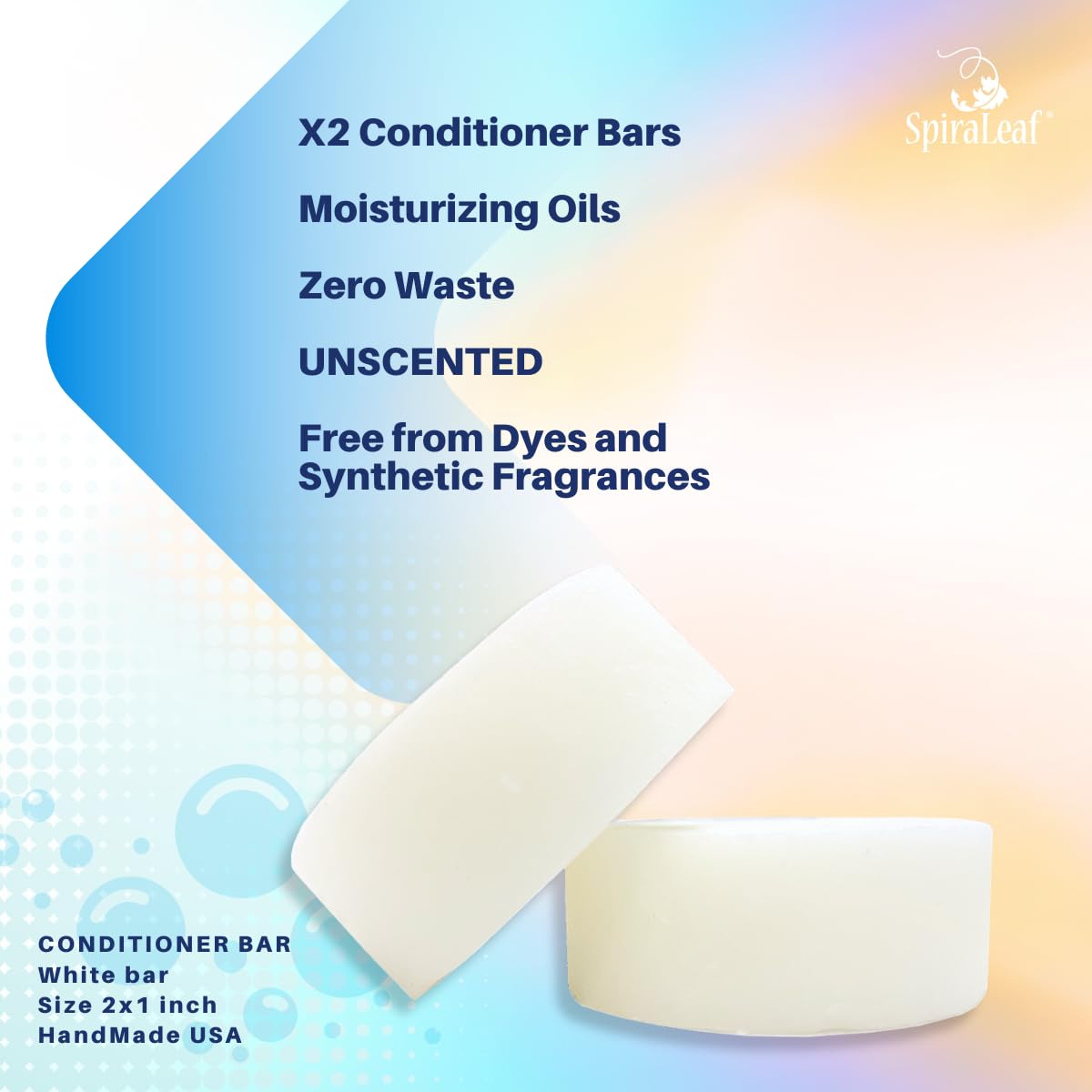 Spiraleaf Solid Conditioner Bars x2 – UNSCENTED Conditioner Bars, All Hair Types, Rich Nourishing Oils, Fragrance-Free, Dye-Free, Concentrated Formula, Crafted in the USA