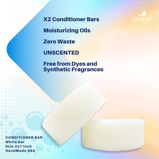 Spiraleaf Solid Conditioner Bars x2 – UNSCENTED Conditioner Bars, All Hair Types, Rich Nourishing Oils, Fragrance-Free, Dye-Free, Concentrated Formula, Crafted in the USA