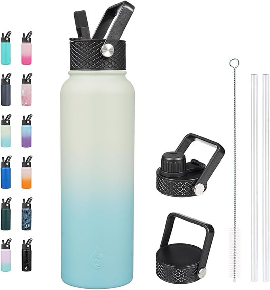 BJPKPK Insulated Water Bottles with Straw Lid, 40oz Stainless Steel Metal Water Bottle with 3 Lids, Reusable Thermo, Keep Cold Hot for Sports, Gym-Mint