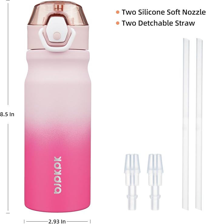 BJPKPK 18oz Insulated Water Bottle With Straw Stainless Steel Double Wall Water Bottles BPA Free Leak Proof Thermo With Lockable Flip Lid And Soft Silicone Spout,Cherry Blossom