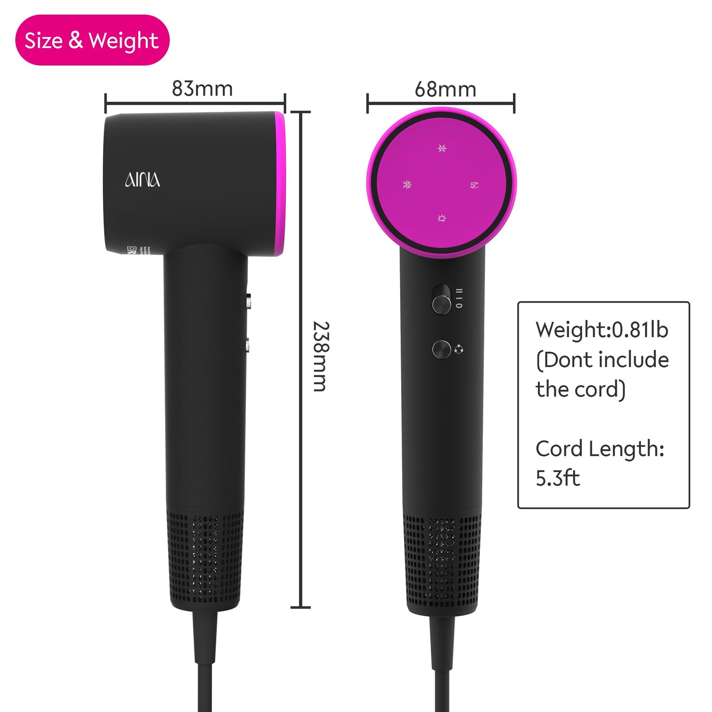 AINA Hair Dryer, Blow Dryer - Brushless Motor, 110,000 RPM Lightweight, Ionic Travel 110V/ALCI Plug(Sexy Rose)