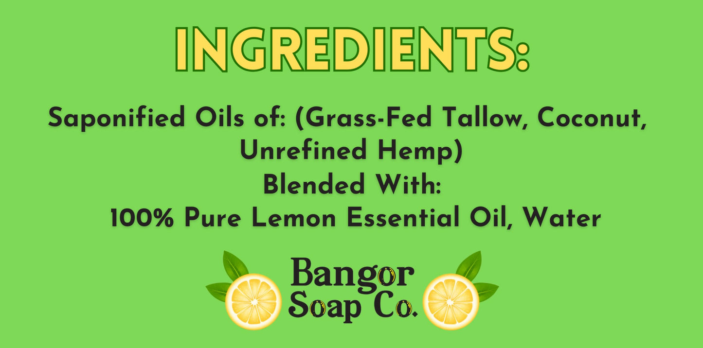 Bangor Soap Co.'s FRESH LEMON Pure, Natural Soap Bars, The FINEST Tallow, Coconut, and Hemp, NOTHING Artificial, NOTHING Superficial for A Smooth, Nourishing Lather (3-Pack)