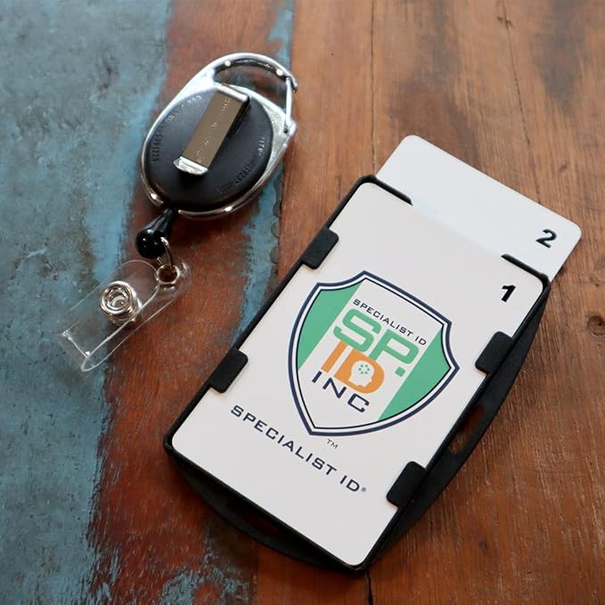 5 Pack - RFID Blocking Badge Holder with Retractable Carabiner Clip Badge Reel - Dual Sided - SkimSAFE Skimming Protection - 2 Card Shield for 13.56MHz Radio Signal by Specialist ID (Black)