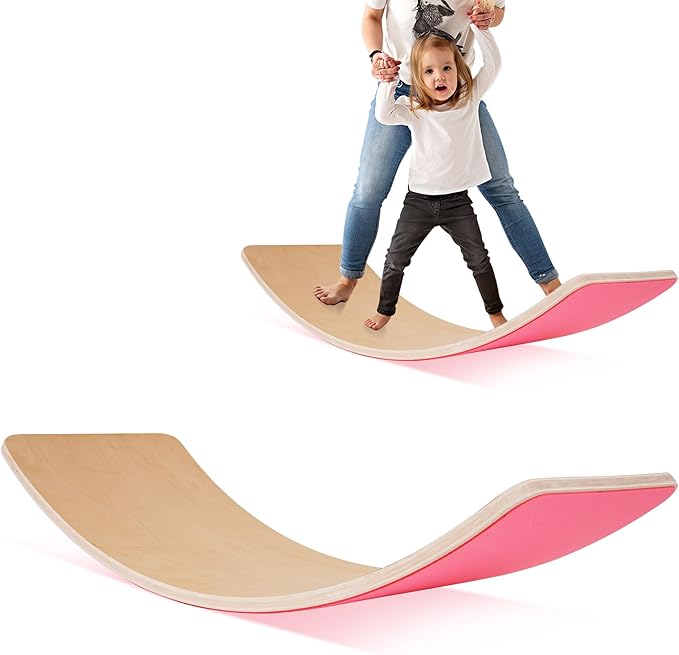 Balance Board, 32 Inch Wooden Wobble Board, Montessori Rocker Yoga Curvy Board Natural Wood, Open Ended Learning Toy, Sensory Play Equipment for Office & Classroom, Multiple Colors