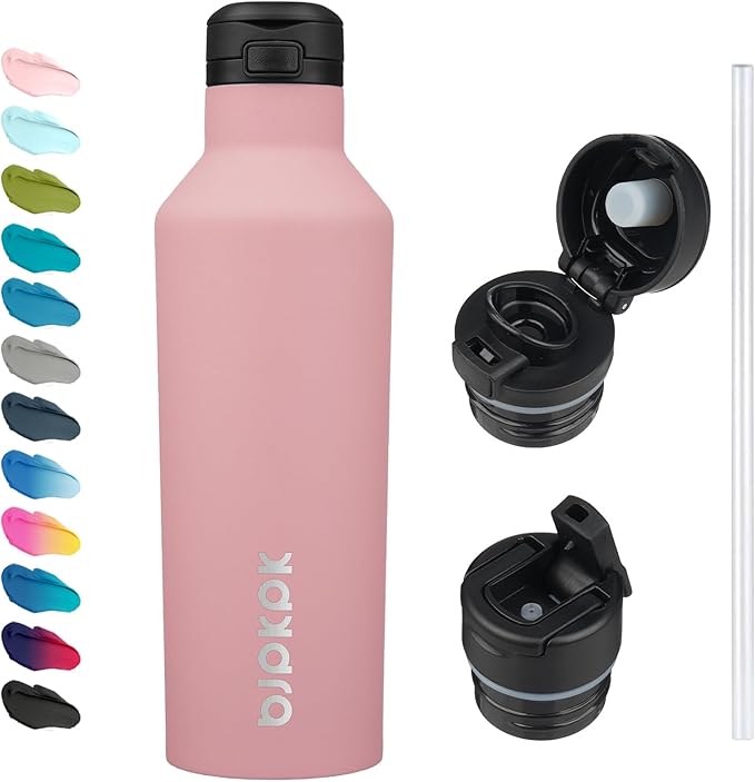 BJPKPK Insulated Water Bottle With Straw 25oz Stainless Steel Water Bottles With 2 Lids And Carry Handle Reusable Travel Metal Thermo,Light Pink