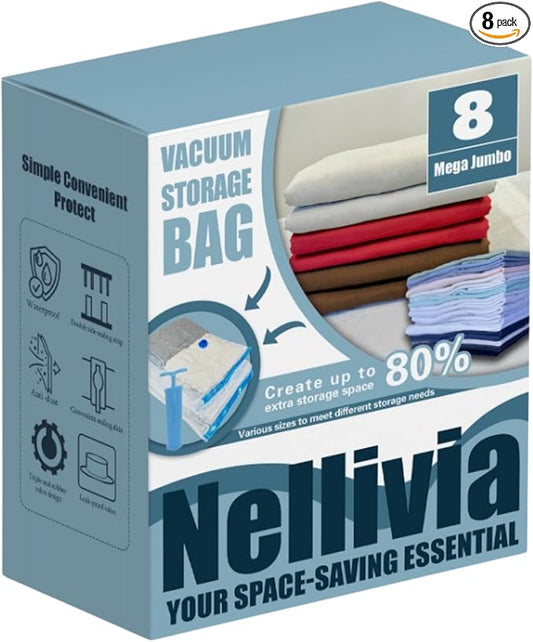 8 Mega Jumbo XXL Vacuum Storage Bags with Pump, Supersized Compression Space Saver for Comforter, duvet, Bedding, Blanket storage, Vacuum Seal Bags for Clothing, Durable Safe Poly Material
