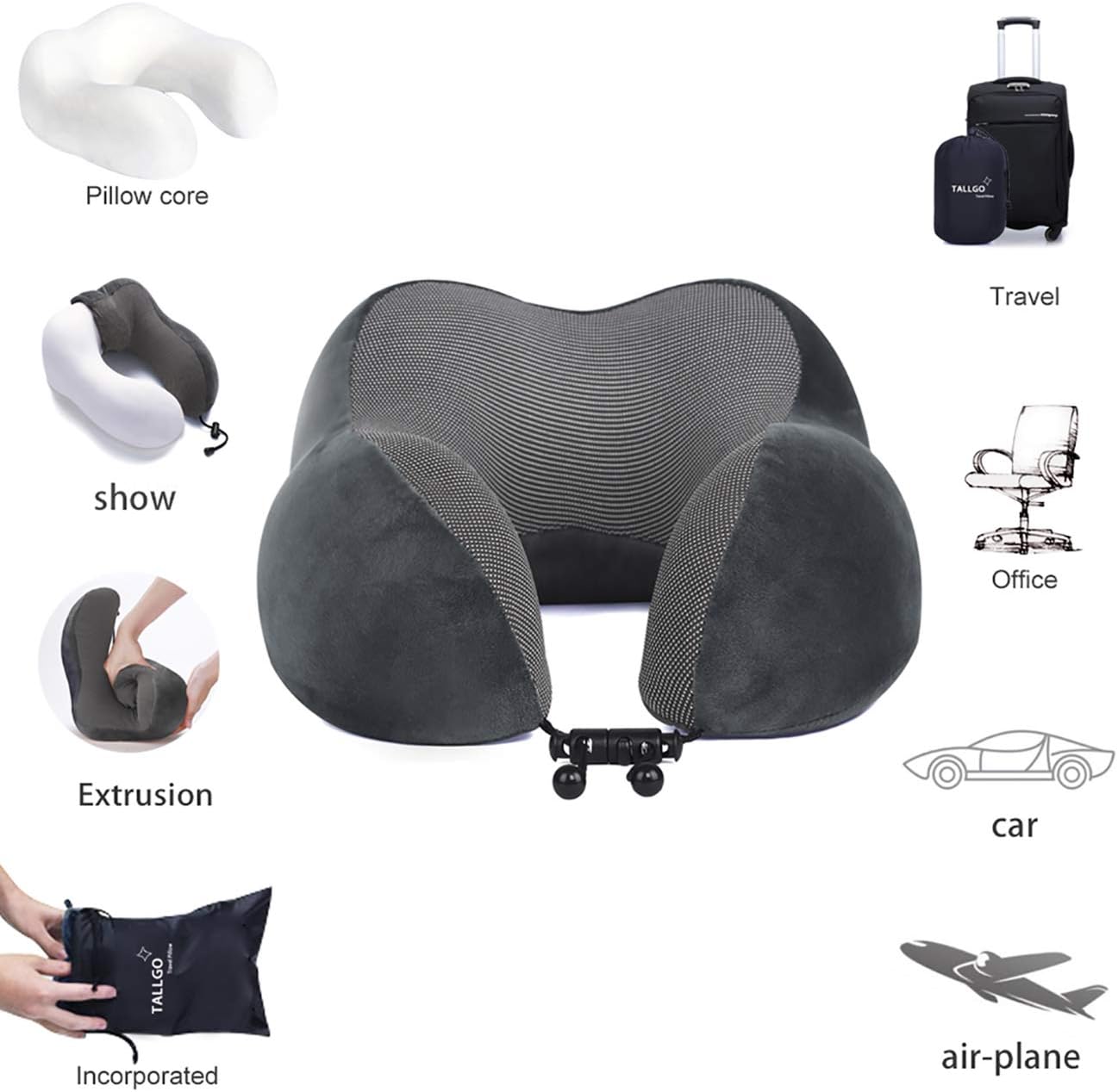 Travel Pillow, Best Memory Foam Neck Pillow Head Support Soft Pillow for Sleeping Rest, Airplane Car & Home Use (Grey)