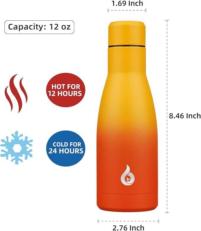 BJPKPK Insulated Water Bottle 12oz Samll Stainless Steel Water Bottles Reusable Metal Thermal Keep Cold and Hot,Sunset Orange