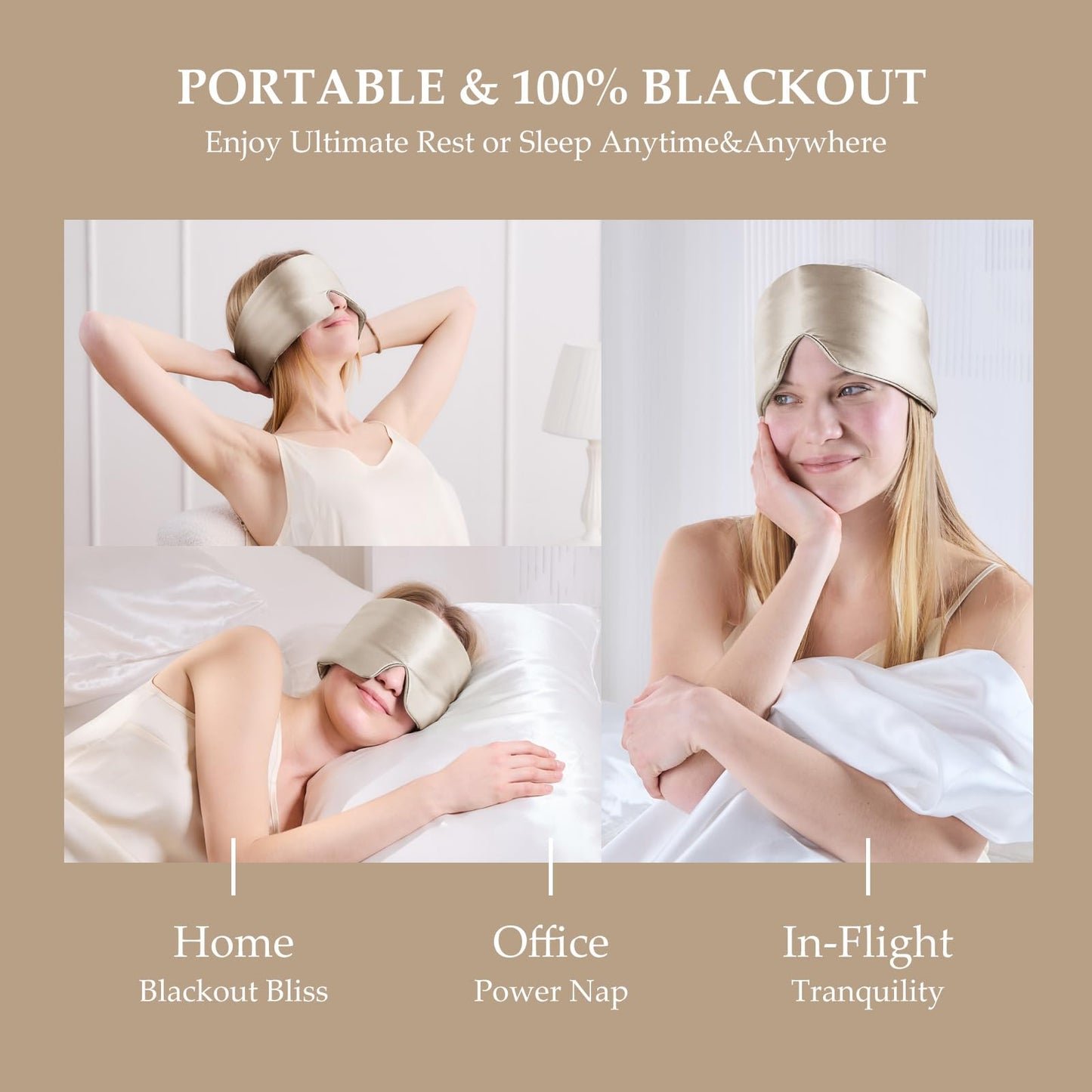 SGMSILK 100% Mulberry Silk Sleep Mask, Large Size Travel Eye Masks for Side Sleepers, Adjustable Sleeping Mask for Women and Men, 100% Blackout Eye Mask for Sleeping Champagne