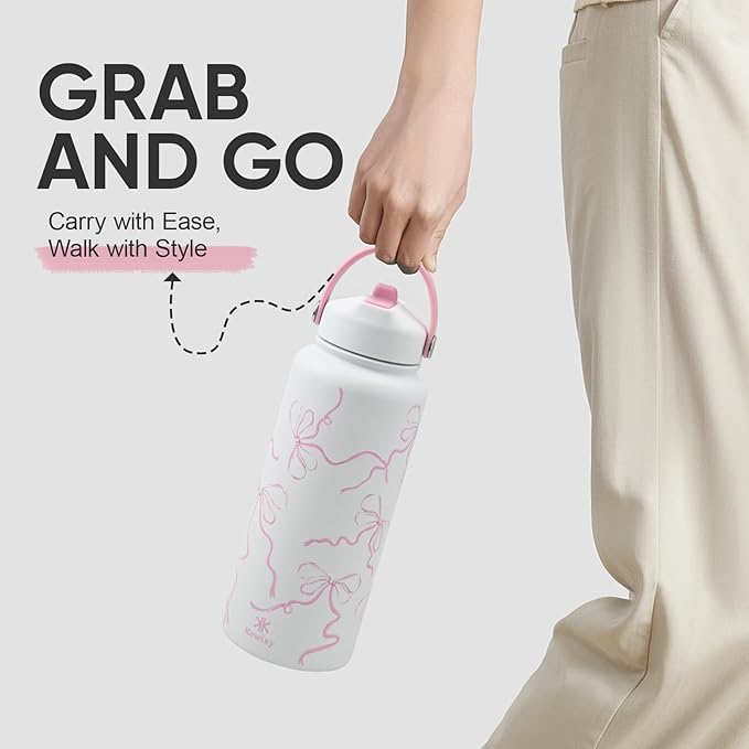 32 oz Insulated Water Bottle with Straw, Bow Water Bottle Stainless Steel with Flip Straw and Handle, Leak Proof, Metal, Reusable, Wide Mouth, for Travel, Gym and School (Breeze Pink Bow)