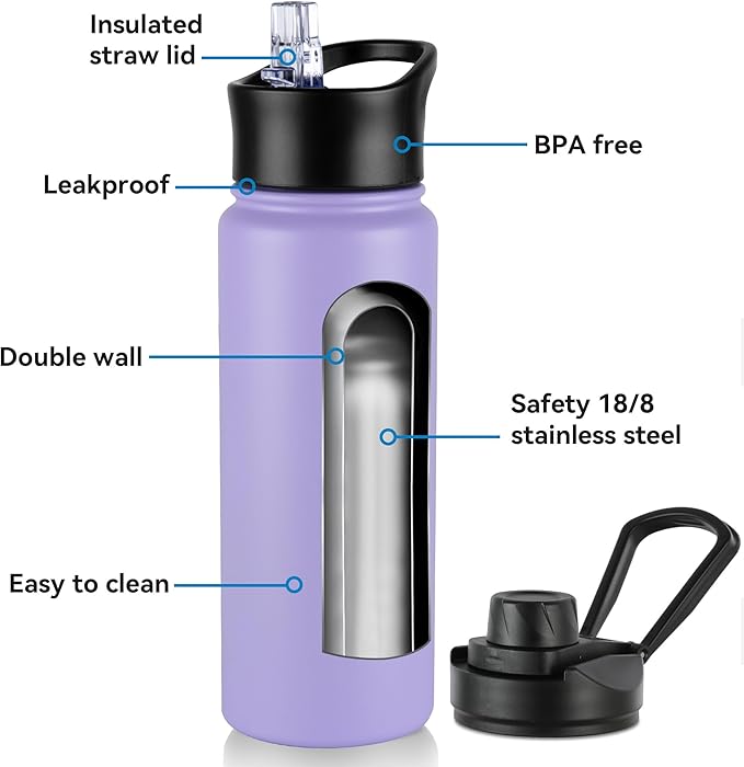 24oz Insulated Water Bottle with Straw Lid, Stainless Steel Metal Water Bottle with Straw & Wide Mouth Lid, Double Wall Vacuum Water Bottle for Hiking Camping, Lavender 1 Pack