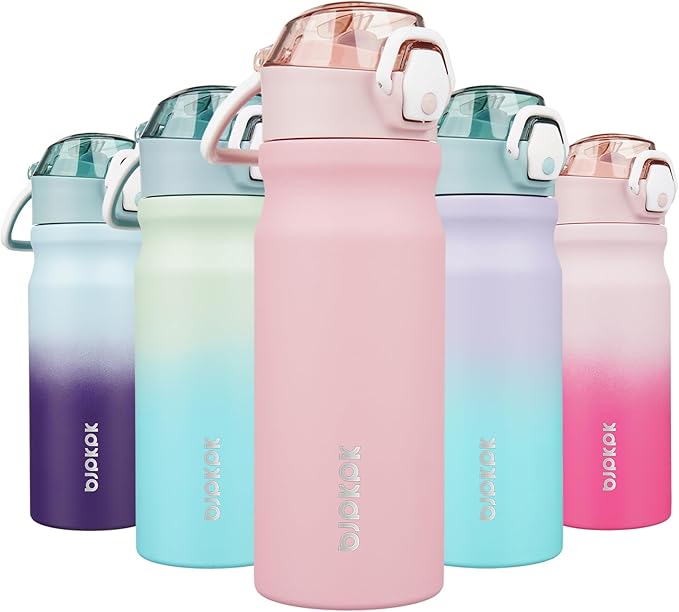BJPKPK Water Bottle With Straw 18oz Insulated Water Bottles Reusable Stainless Steel Metal Thermo With Leak Proof Lockable Lid And Carry Handle,Light Pink