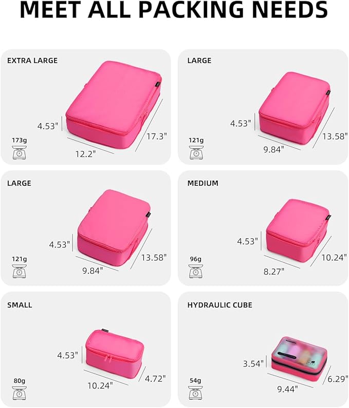 Compression Cubes, XL/L/M/S Travel Luggage Organizers (6 Set, Rose Red)