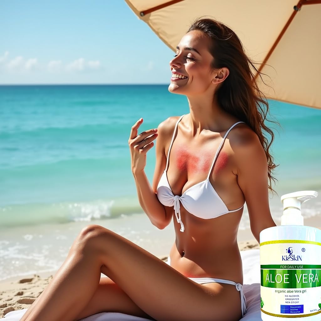 kisskin Organic Aloe Vera Gel, 100% Pure Soothing Moisturizer And Hydrating Gel, Fast Absorbing, For Face,Body,Hair,Skin,Scalp And Sunburn Relief, No Alcohol, Big 500ML Pump Bottle.