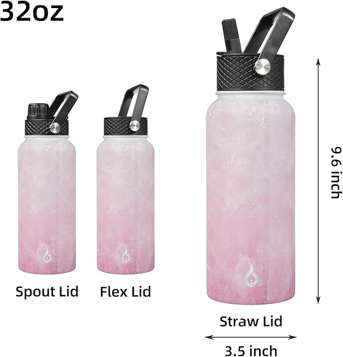 BJPKPK Insulated Water Bottles with Straw Lid, 32oz Metal Large Water Bottle with 3 Lids, Reusable Leak Proof BPA Free Thermo, Stainless Steel Tumblers for Sports, Gym, Travel-Blossom