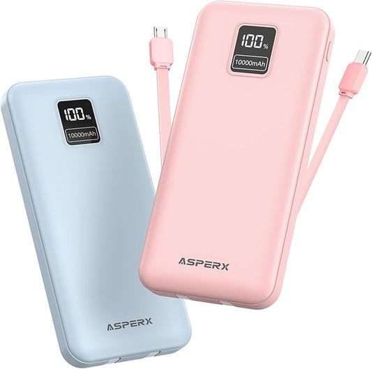 AsperX 2-Pack 10000mAh Portable Charger with Built-in Cables, USB C Output Power Bank Fast Charging, LED Display External Battery Pack for iPhone, Android, Google LG and Heated Vest